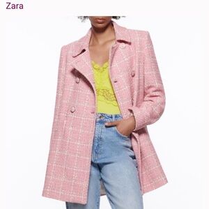 NEW WITH TAGS Zara Pink Tweed Double-Breasted Pea Coat
